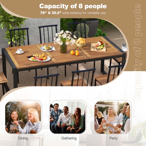 Costway 79" Acacia Wood 8-Person Patio Table with 1.9" Umbrella Hole, Adjustable Foot Pads