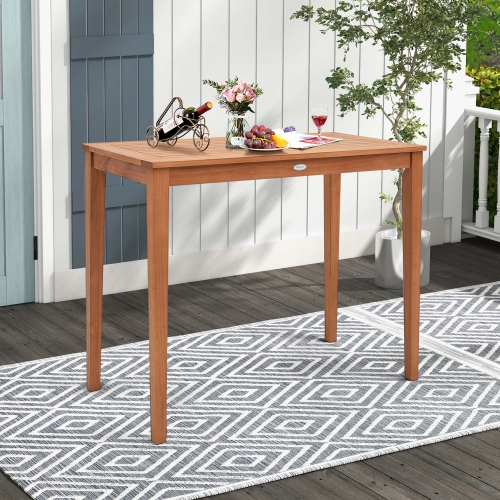 Costway Outdoor Bar Table 48" Eucalyptus Wood Bar Height Slatted Tabletop Patio Dining