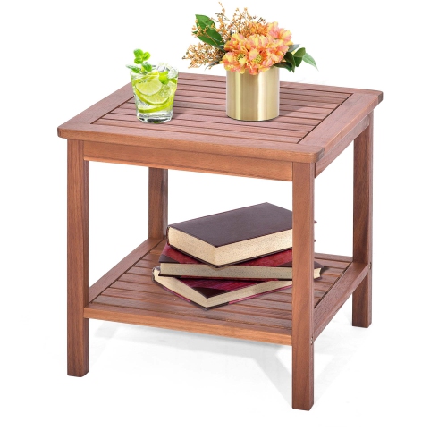 COSTWAY  Patio Acacia Wood Side Table 2-Tier Square End Table Porch Poolside Natural