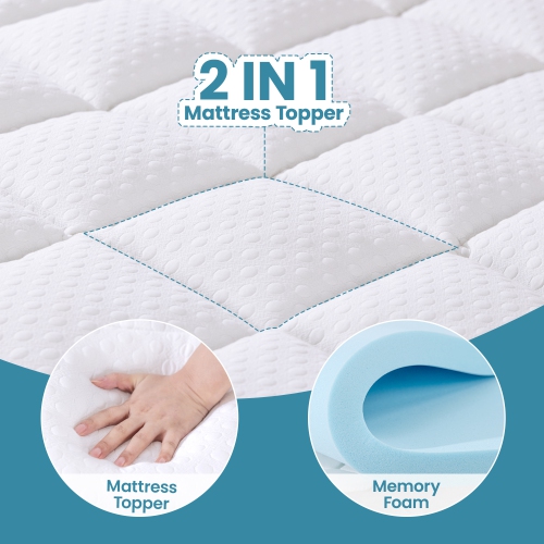 Mattress Topper Cal King Size 4 inch Dual Layer Bed, Bamboo Cover, Cooling Gel Memory Foam Plus Pillow Quilted Fitted Mattress Pad, Deep Bed Skirt,