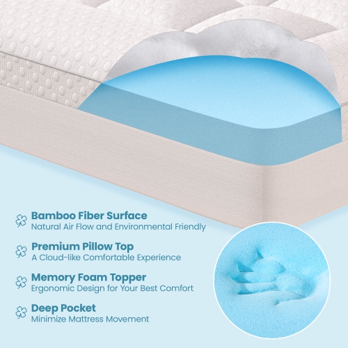 Mattress Topper Cal King Size 4 inch Dual Layer Bed, Bamboo Cover, Cooling Gel Memory Foam Plus Pillow Quilted Fitted Mattress Pad, Deep Bed Skirt,
