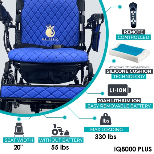 IQ-8000 PLUS MAX MAJESTIC Power Chair | Ultra-Light & Foldable | Gel Memory Foam Seat | Up to 30 km Range | 20’’ Seat Width, Silver Frame, Blue