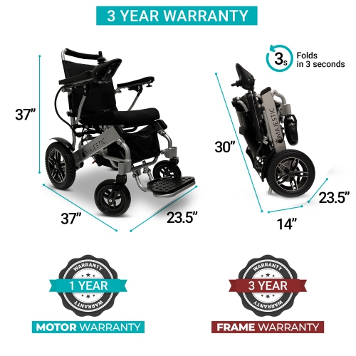IQ-8000 MAJESTIC Power Chair | Ultra-Light & Foldable Gel Memory Foam Seat | Up to 21 km Range Airline & Cruise Approved | 17.5’’ Seat Width, Silver