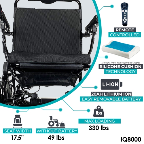 IQ-8000 MAX MAJESTIC Power Chair | Ultra-Light & Foldable | Gel Memory Foam Seat | Up to 30 km Range | 17.5’’ Seat Width, Silver Frame, Standard