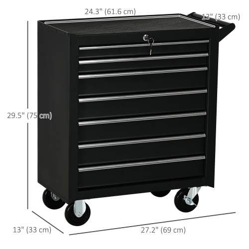 HOMCOM 7 Drawer Roller Tool Chest, Mobile Lockable Toolbox, Storage Organizer with Handle for Workshop Mechanics Garage, Black