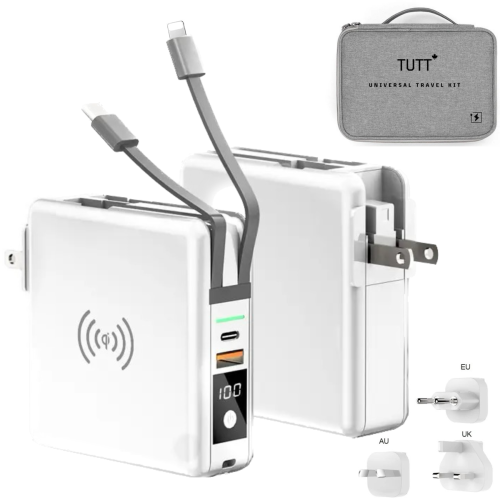 TUTT 4 in 1 Travel Charger Power Bank with Global Adapter Kit | 4in1 Powerbank Features Wall Charging, Wireless Charging, 10,000 mAh Powerbank, and 4