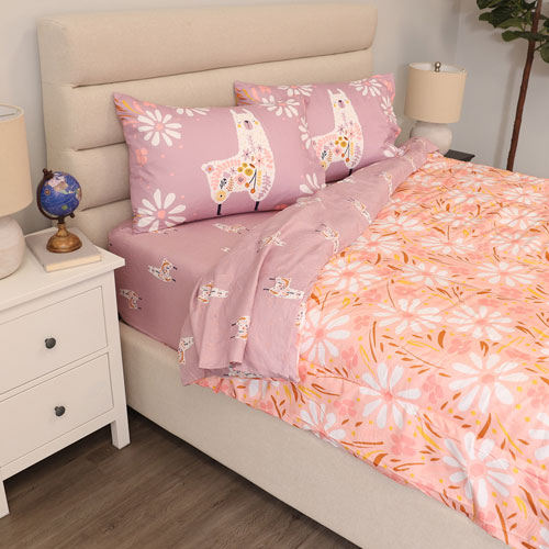 Nemcor 5-Piece Reversible Bed Set - Double - Llama (Pink & Purple)