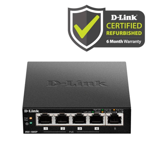 Refurbished - D-Link 5-Port Desktop Gigabit Unmanaged PoE+ Switch - DGS-1005P/RE