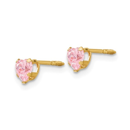 4mm Heart Shaped Pink Cubic Zirconia Solitaire Stud Earrings in 14K Yellow Gold