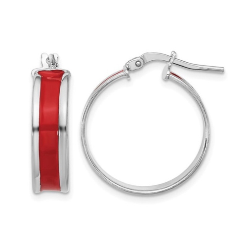 GEM AND HARMONY  Sterling Silver Polished Enamel Round Hoop Earrings In Red