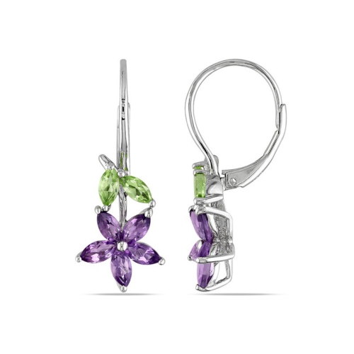 GEM AND HARMONY  1.84 Carat (Ctw) Amethyst & Peridot Flower Dangle Earrings In Sterling In Silver
