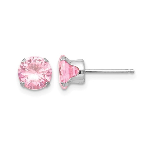 GEM AND HARMONY  6.5MM Pink Cubic Zirconia (Cz) Solitaire Stud Earrings In 14K Gold In White