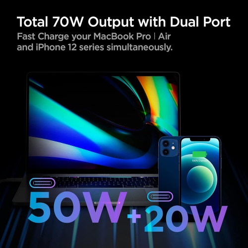 Spigen 70W Dual USB C Wall Charger Power Adapter Fast Charging for MacBook Pro Air iPad USB-C Laptop Dell XPS Chromebook iPhone 15 14 13 Plus Pro Max