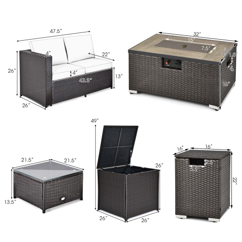 Ensemble de meubles de patio en rotin 6PCS de Costway avec support pour table et foyer de 32 po avec housse