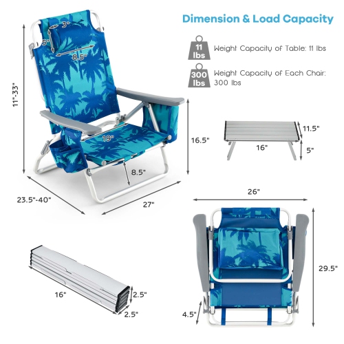 Ensemble de 2 chaises de plage pliantes avec sac à dos de Costway, ensemble de 5 chaises inclinables pour l'extérieur