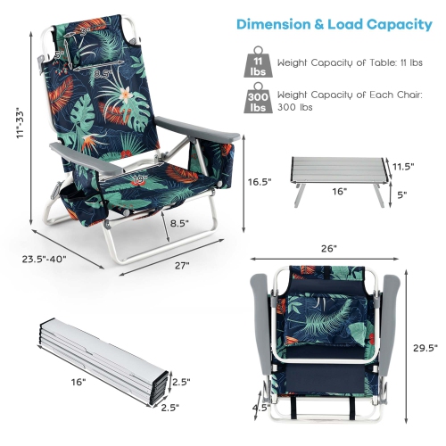 Ensemble de 2 chaises de plage pliantes avec sac à dos de Costway, ensemble de 5 chaises inclinables pour l'extérieur