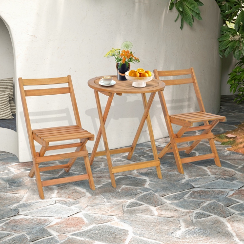Costway 3 PCS Folding Patio Bistro Set Solid Acacia Wood Table & Chairs Slatted Tabletop