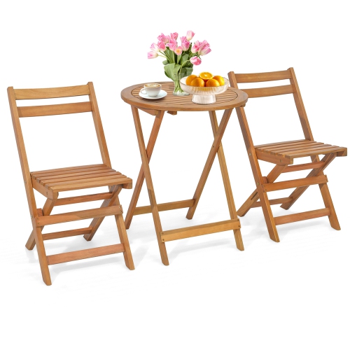 Costway 3 PCS Folding Patio Bistro Set Solid Acacia Wood Table & Chairs Slatted Tabletop