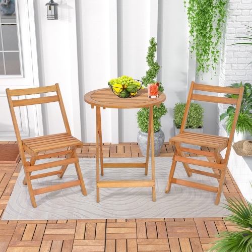 Costway 3 PCS Folding Patio Bistro Set Solid Acacia Wood Table & Chairs Slatted Tabletop