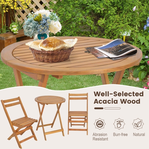 Costway 3 PCS Folding Patio Bistro Set Solid Acacia Wood Table & Chairs Slatted Tabletop