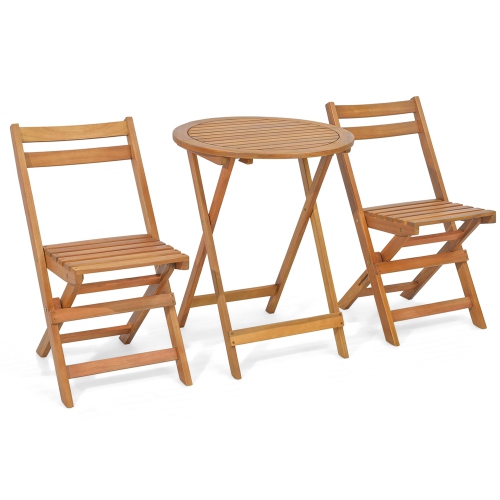 Costway 3 PCS Folding Patio Bistro Set Solid Acacia Wood Table & Chairs Slatted Tabletop