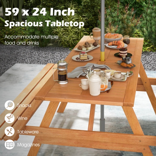 Costway 6 Person Picnic Table Set with Patio Table 2 Built-in Benches 2" Umbrella Hole