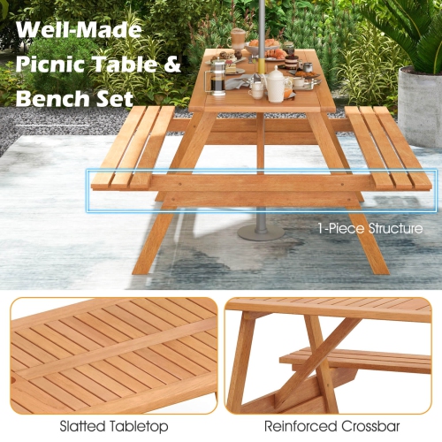 Costway 6 Person Picnic Table Set with Patio Table 2 Built-in Benches 2" Umbrella Hole