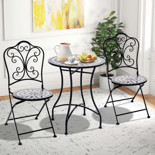 Costway 3pcs Patio Bistro Set Mosaic Pattern Heavy-Duty Metal Dining Folding Outdoor
