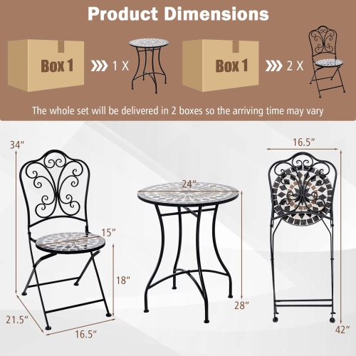 Costway 3pcs Patio Bistro Set Mosaic Pattern Heavy-Duty Metal Dining Folding Outdoor