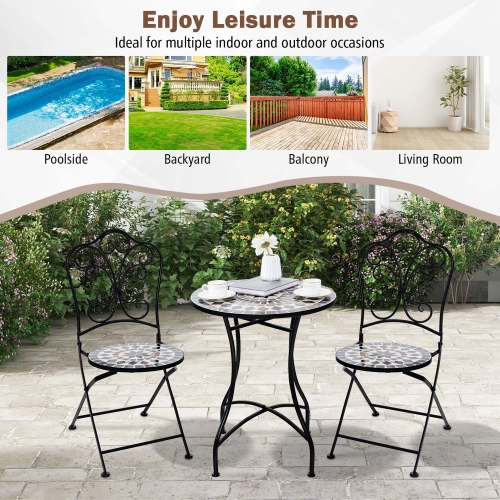 Costway 3pcs Patio Bistro Set Mosaic Pattern Heavy-Duty Metal Dining Folding Outdoor