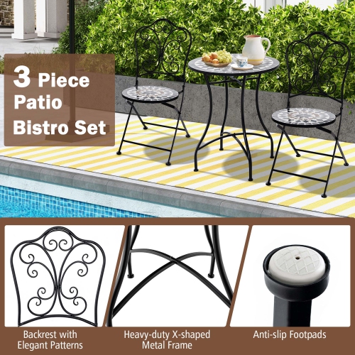 Costway 3pcs Patio Bistro Set Mosaic Pattern Heavy-Duty Metal Dining Folding Outdoor