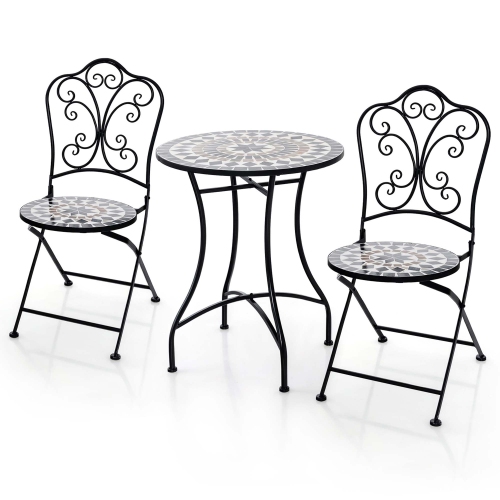 Costway 3pcs Patio Bistro Set Mosaic Pattern Heavy-Duty Metal Dining Folding Outdoor