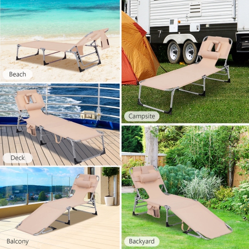 Goplus 2PCS Outdoor Beach Lounge Chair Folding Chaise Lounge with Pillow Beige
