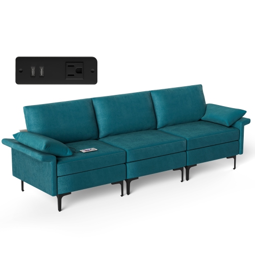 COSTWAY  Modern Modular Fabric 3-Seat Sofa Couch W/ Socket USB Ports & Metal Legs In Blue