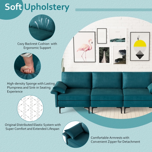 Costway Modern Modular Fabric 3-Seat Sofa Couch w/ Socket USB Ports & Metal Legs Blue