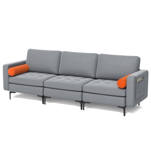 COSTWAY  Modern Modular 3-Seat Sofa Couch W/ Side Storage Pocket & Metal Leg Ash Grey