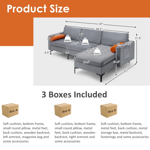 Costway Modular L-shaped Sectional Sofa with Reversible Chaise & 2 USB Ports Ash Grey