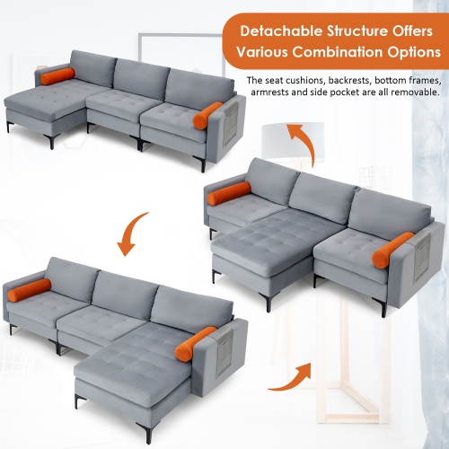 Costway Modular L-shaped Sectional Sofa with Reversible Chaise & 2 USB Ports Ash Grey