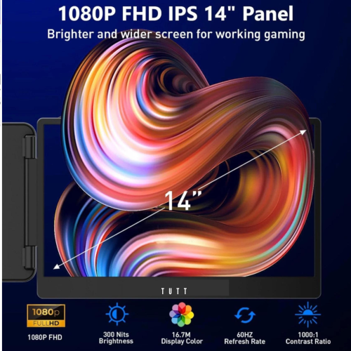 TUTT 14” Single Portable Monitor, Dual Screen Extender, Built-in Stand and Speakers, Windows and Mac devices, S1