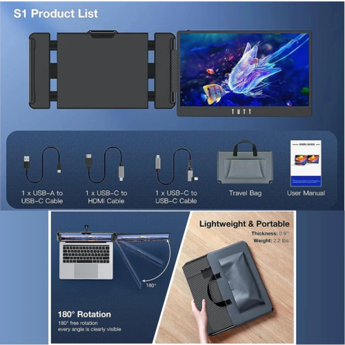 TUTT 14” Single Portable Monitor, Dual Screen Extender, Built-in Stand and Speakers, Windows and Mac devices, S1