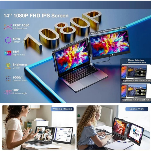 TUTT 14” Single Portable Monitor, Dual Screen Extender, Built-in Stand and Speakers, Windows and Mac devices, S1