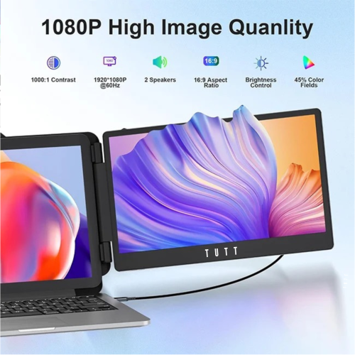 TUTT 14” Single Portable Monitor, Dual Screen Extender, Built-in Stand and Speakers, Windows and Mac devices, S1