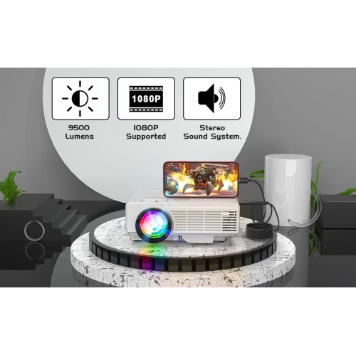 2023 Projector with 100'' Screen - Mini Bluetooth Projector, 9500 Lumens, 1080P Full HD for Outdoor Movies - Compatible with TV Stick, Video Games,