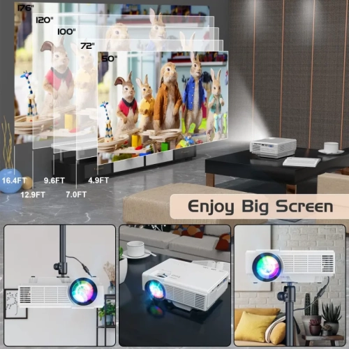 2023 Projector with 100'' Screen - Mini Bluetooth Projector, 9500 Lumens, 1080P Full HD for Outdoor Movies - Compatible with TV Stick, Video Games,