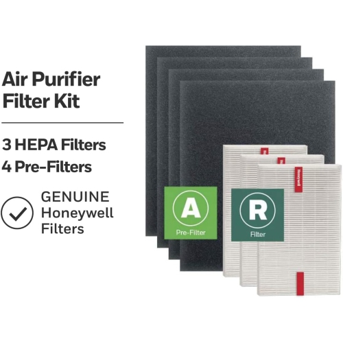 Honeywell HEPA Air Purifier Filter Kit Includes 3 HEPA R Replacement Filters and 4 A Carbon Pre-Cut Pre-Filters Airborne Allergen Air Filter Targets
