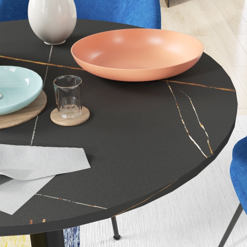 HOMCOM – Table de salle à manger ronde pour 4, table de cuisine moderne avec surface en faux marbre et base en acier pour salon, salle à manger, noir