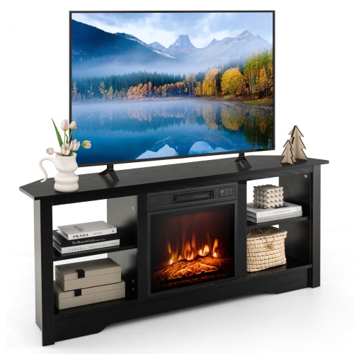 GYMAX  58" Fireplace Tv Stand W/ 18" 1400W Electric Fireplace Adjustable Brightness In Black