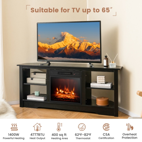Gymax 58'' Fireplace TV Stand w/ 18'' 1400W Electric Fireplace Adjustable Brightness Black