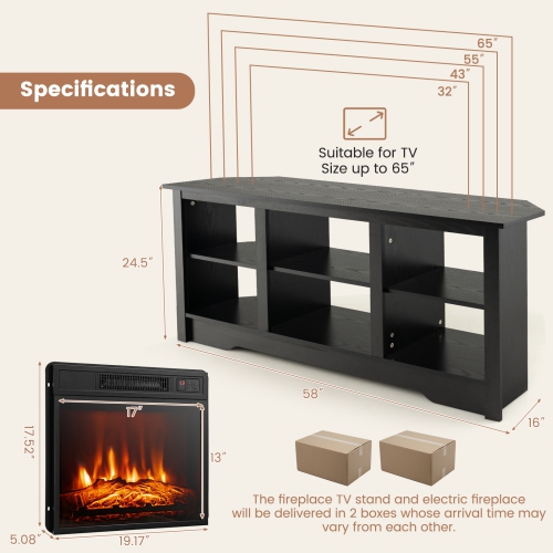 Gymax 58'' Fireplace TV Stand w/ 18'' 1400W Electric Fireplace Adjustable Brightness Black