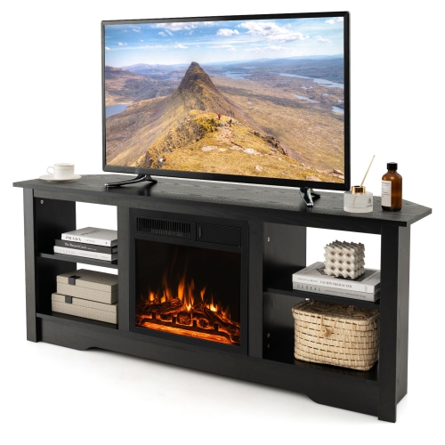 GYMAX  58" Fireplace Tv Stand W/ 18" 1500W Electric Fireplace Adjustable Brightness In Black